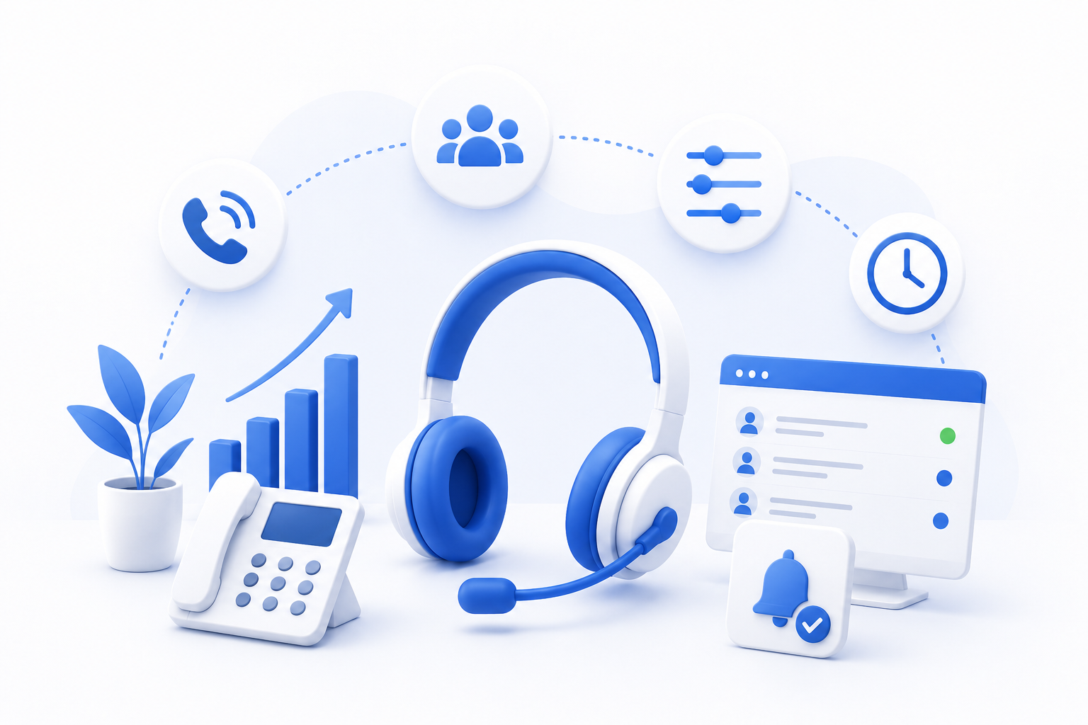 Call center agents handling inbound calls with real-time monitoring dashboard