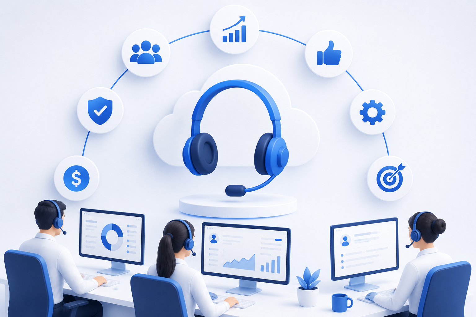 Professional call center team managing customer calls with Lumina monitoring dashboard